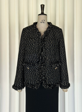 JillusionCouture黑金色经典手工边超正廓形V领小香风粗花呢外套