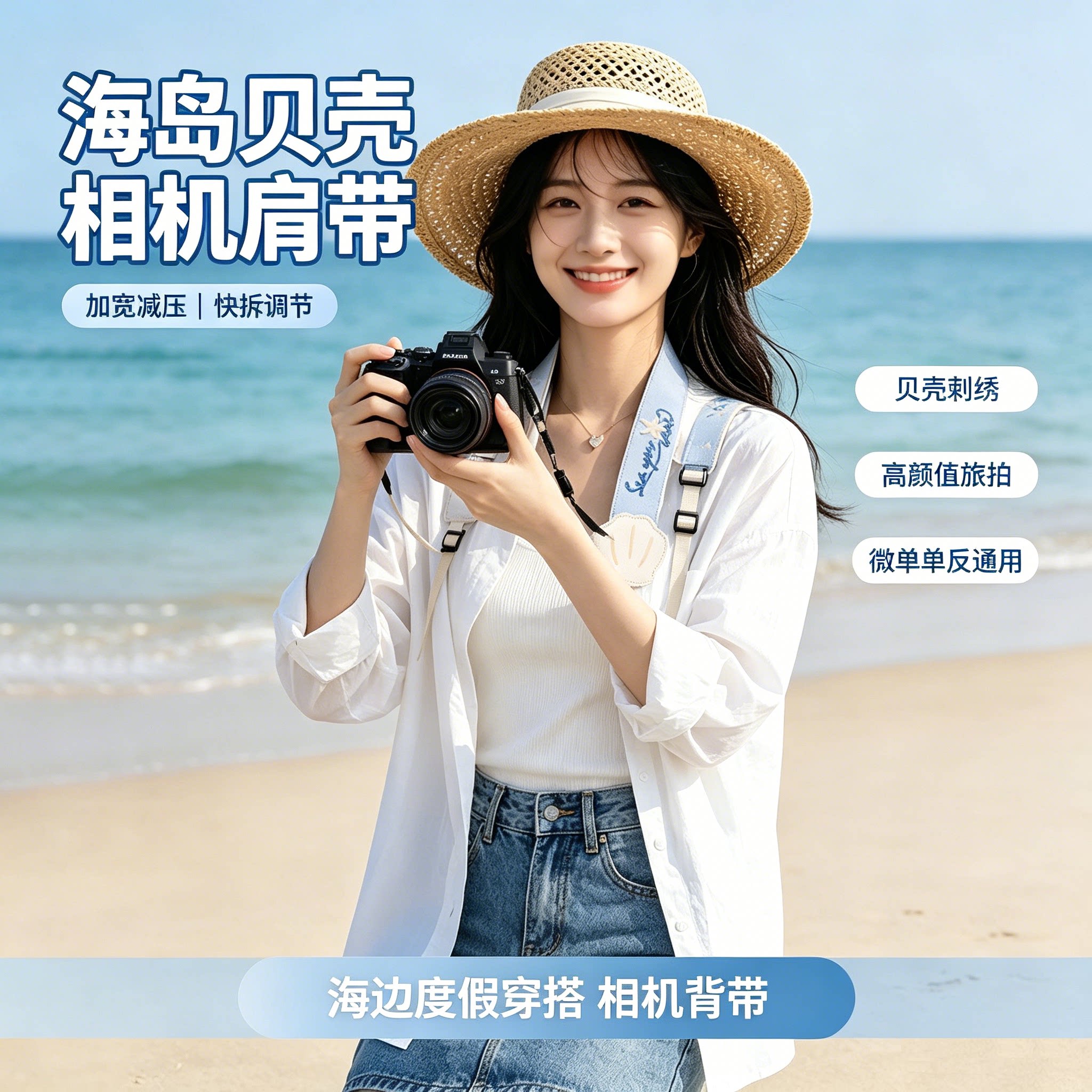 贝壳刺绣加宽减压快拆相机肩带