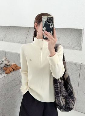 2025新款韩版宽松显瘦圆领长袖一体绒针织衫女百搭休闲毛衣上衣