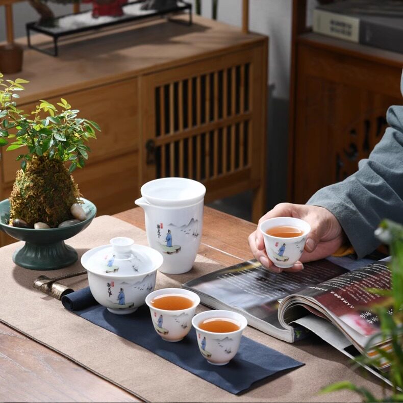 2024新款羊脂玉白瓷茶具套装家用陶瓷盖碗办公会客喝茶茶具礼盒装