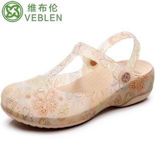 包头坡跟厚底凉拖平底拖鞋 防滑沙滩鞋 女夏季 清仓处理VEBLEN洞洞鞋