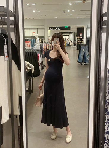 HAIDE妈咪孕妇装夏薄款高弹力高级休闲优雅短袖大方领针织连衣裙