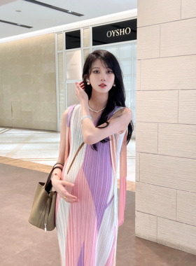 HAIDE妈咪孕妇装夏褶皱风印花过膝时尚洋气度假无袖开叉连衣裙女