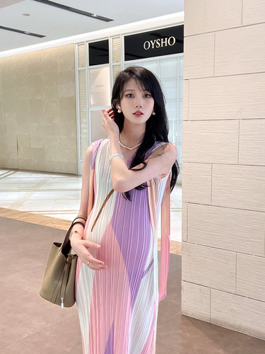 HAIDE妈咪孕妇装夏褶皱风印花过膝时尚洋气度假无袖开叉连衣裙女