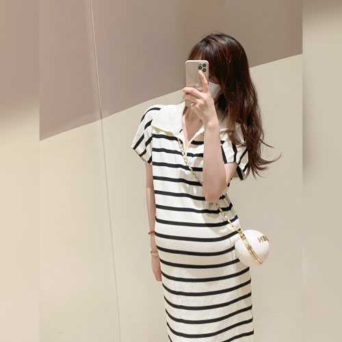 海德妈咪孕妇装翻领美式慵懒休闲polo条纹短袖针织连衣裙显瘦长裙