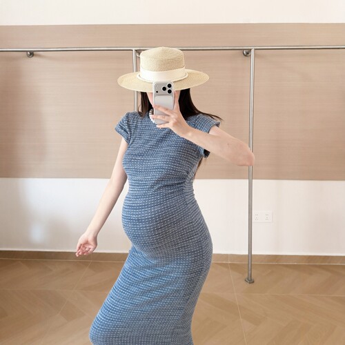 HAIDE妈咪孕妇装夏法式简约高级清冷气质显瘦圆领短袖孕妇裙长裙