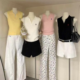 女展厅实拍夏季 韩版 骑马刺绣针织衫 新款 百 简约V领短袖 上衣T恤修身