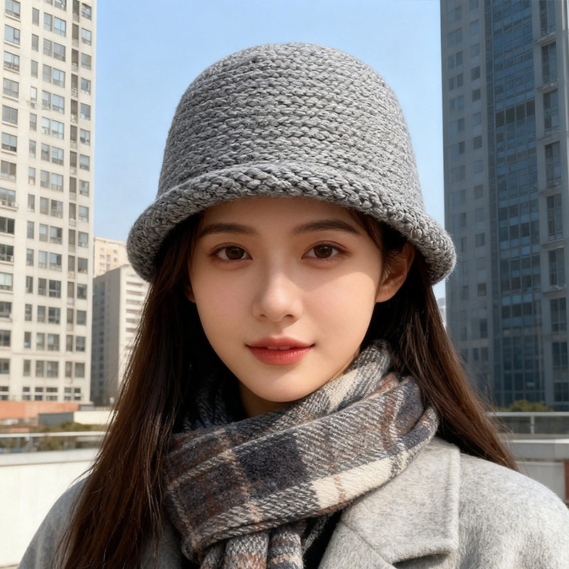 卷边渔夫帽女秋冬保暖显脸小帽子混纺加厚日系包头帽编织时尚