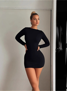 欧美性感露背修身包臀长袖连衣裙短裙 Sexy Bodycon Mini Dress
