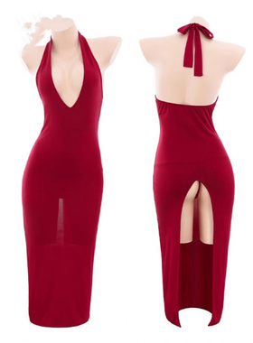 法式名媛深V露臀连衣裙后开叉性感纯欲辣妹挂脖