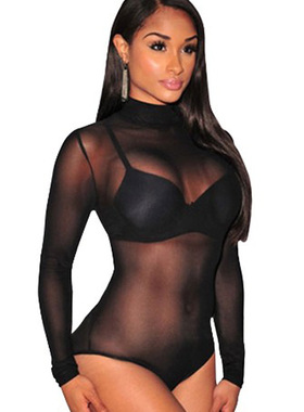 欧美风薄款网纱连体女T恤透视纱网连身连裆长袖高领打底性感上衣