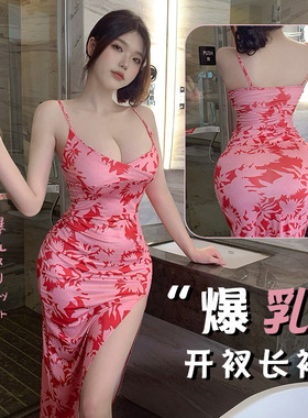 夜总店晚礼服印花吊带深V领低胸开叉长裙修身性感辣妹连衣裙女夏