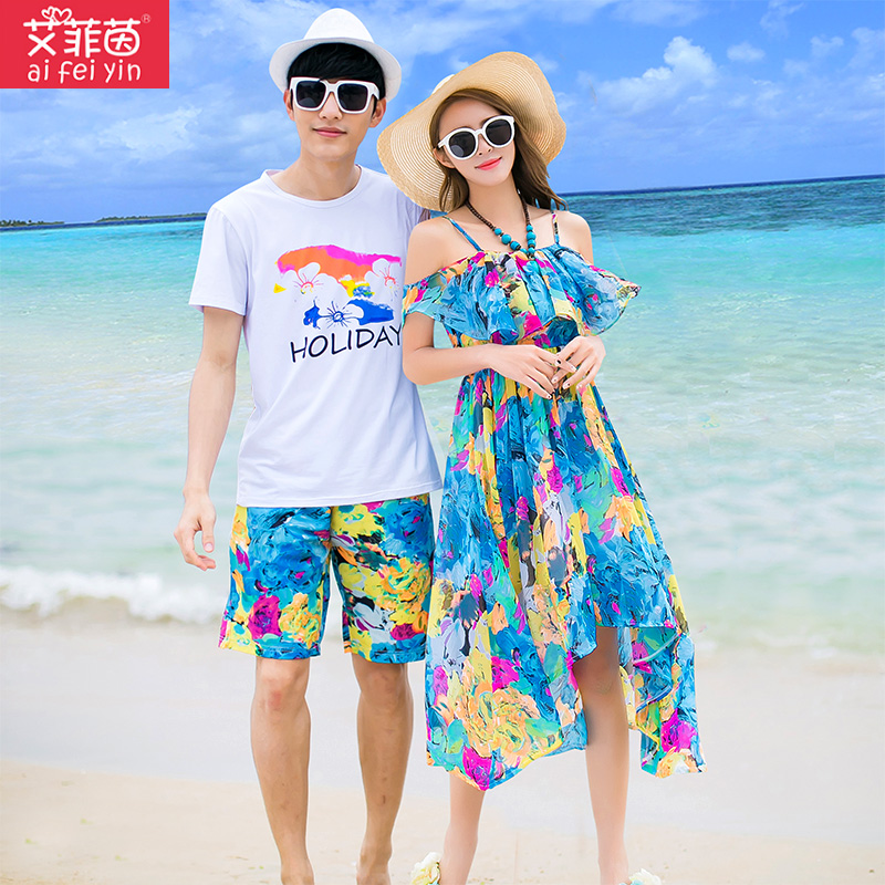 情侣装夏装短袖2019新款沙滩雪纺连衣裙情侣蜜月海边度假吊带长裙(非品牌)