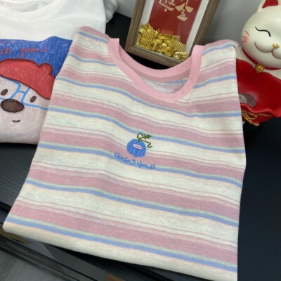 粉红色条纹正肩显瘦韩系chic小刺绣圆领短袖T恤女宽松百搭清新潮