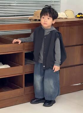 男童春款套装兄妹2026新款女童连帽卫衣痞帅衣服宝宝马甲三件套