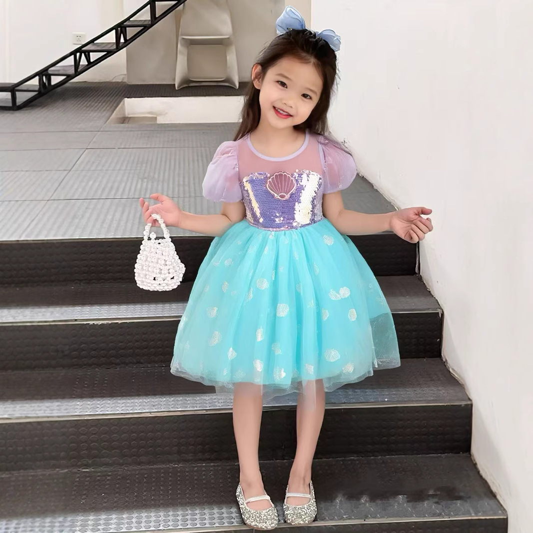 2025新款公主蓬蓬蛋糕裙儿童泡泡袖礼服裙子亮片渐变色艾莎公主裙