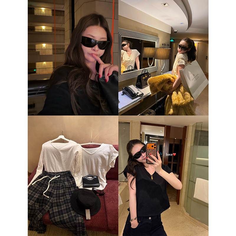 tingtings 白色纯棉V领长袖t恤女舒适休闲宽松内搭打底衫短袖上衣