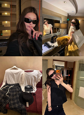 tingtings 白色纯棉V领长袖t恤女舒适休闲宽松内搭打底衫短袖上衣