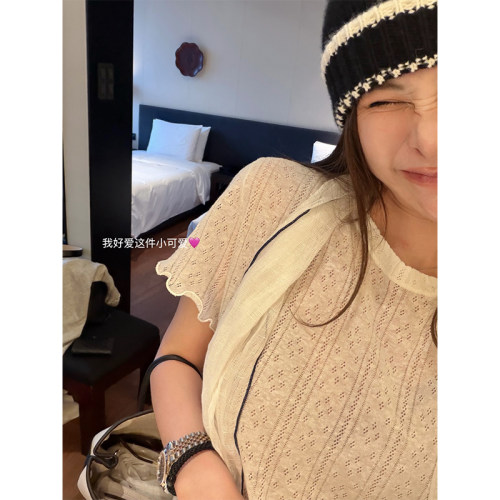 木耳边镂空针织短袖女法式T恤