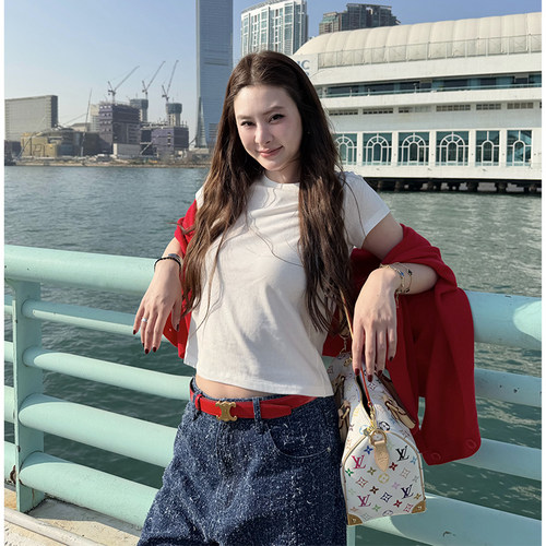 白色正肩短袖T恤女短款内搭打底