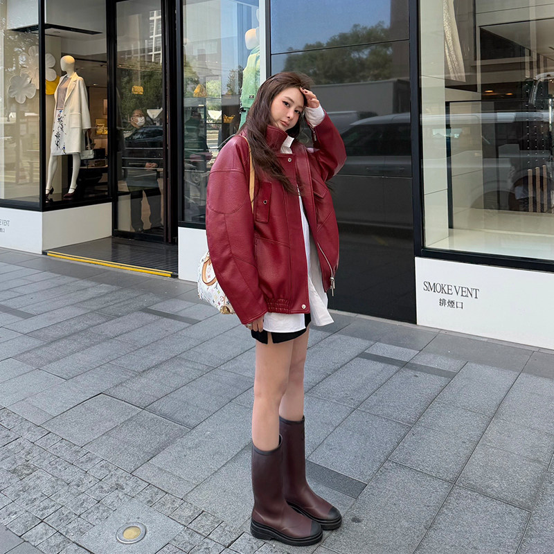 tingtings 红色立领pu皮衣外套女春季复古宽松痞帅机车夹克上衣