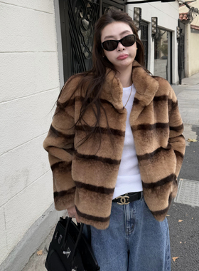 tingtings 高级撞色渐变环保皮草外套女冬季新款保暖气质毛毛上衣