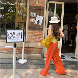 tingtings 橘色铜氨丝裤子女夏季薄款宽松阔腿裤拖地显瘦休闲裤