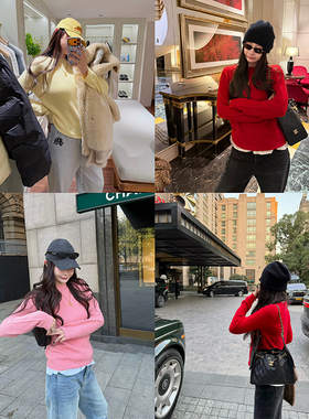 tingtings 圣诞氛围感红色羊毛针织衫女秋冬新款保暖打底羊绒上衣