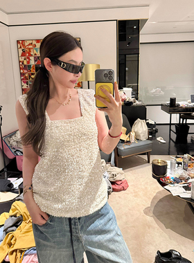 tingtings 白色方领亮片背心女夏季新款法式吊带高级气质外穿上衣