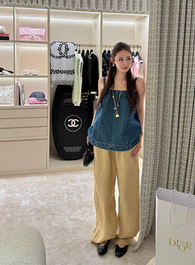 tingtings 粉色亚麻阔腿裤女夏季薄款宽松休闲格子裤拖地直筒长裤