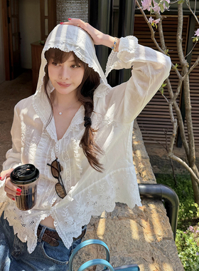 tingtings 6/19PM20点【轻薄透气】白色连帽苎麻长袖防晒衬衫女夏