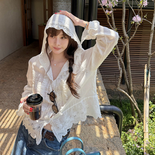 tingtings 白色连帽苎麻长袖防晒衬衫女夏季拼接蕾丝花边罩衫上衣