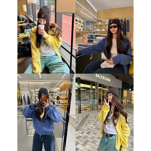 tingtings 拉链外套宽松慵懒休闲上衣 黄色连帽针织卫衣女早春新款