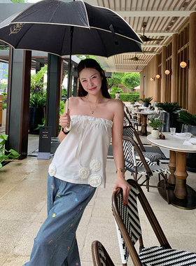 tingtings 白色立体花朵抹胸吊带女夏季外穿辣妹一字肩显瘦上衣