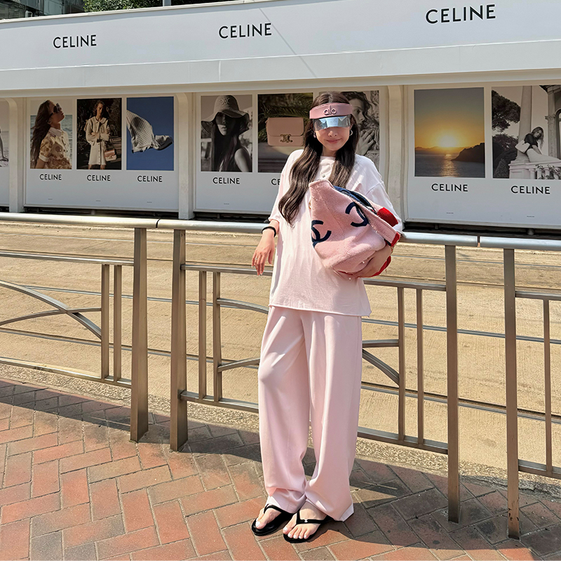 粉色休闲套装女夏季显瘦短袖长裤