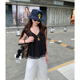 tingtings 外穿小性感吊带背心 上衣女夏季 黑色V领波点短袖 衬衫