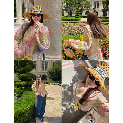 V领苎麻印花长袖衬衫女防晒上衣