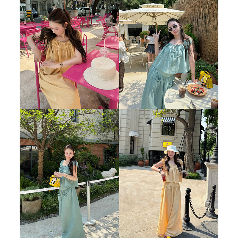 褶皱娃娃衫上衣女夏季阔腿裤套装