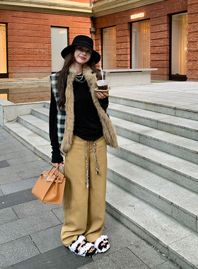 tingtings 松弛卡其色工装裤女秋季新款宽松阔腿裤美式休闲弯刀裤