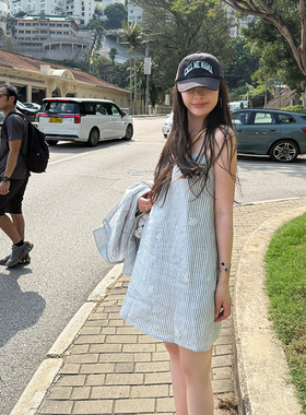 tingtings 宽松慵懒条纹长袖亚麻衬衫套装女夏气质吊带裙休闲短裤