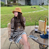 咖色条纹长袖 针织上衣女秋季 新款 tingtings 宽松羊毛衫 慵懒薄毛衣