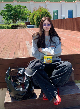 tingtings 灰色圆领卫衣外套女秋季新款外穿宽松休闲慵懒套头上衣