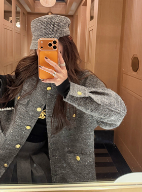 tingtings 灰色羊毛小香风外套女秋冬高级名媛烫钻呢子气质上衣