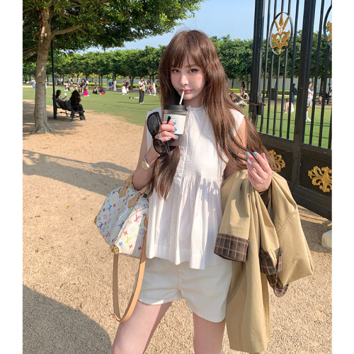 白色无袖衬衫女压褶减龄娃娃衫