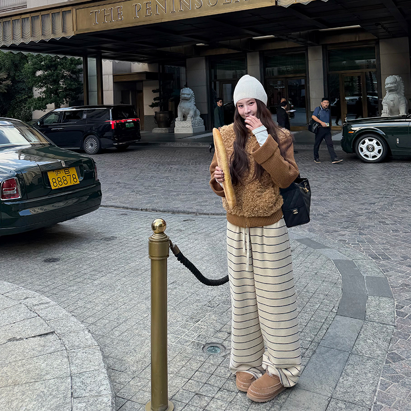 条纹加绒阔腿裤女秋冬休闲长裤