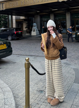 tingtings 慵懒条纹加绒阔腿裤女秋冬新款宽松保暖休闲长裤遛弯裤