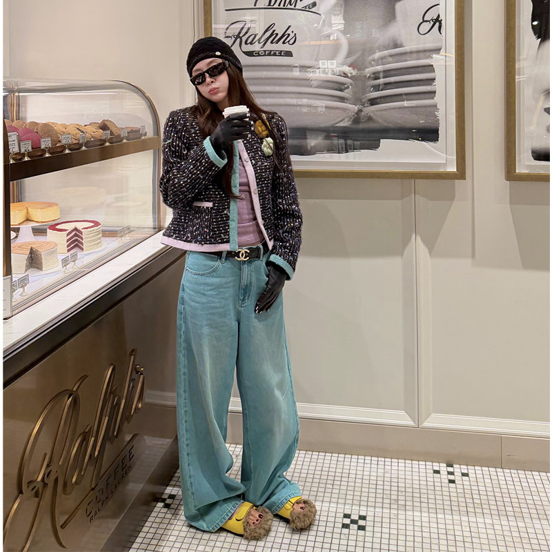 tingtings 湖蓝色宽松牛仔裤女春季新款复古显瘦裤子休闲阔腿裤