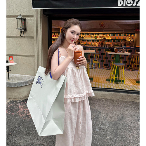 tingtings 粉色亚麻花边吊带背心女夏季新款宽松外穿苎麻无袖上衣