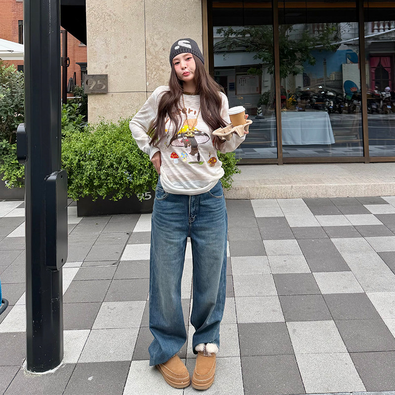 加绒牛仔裤女冬季宽松显瘦阔腿裤