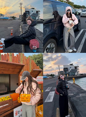 tingtings 轻盈90白鸭绒排骨羽绒服外套女冬季保暖粉色连帽面包服